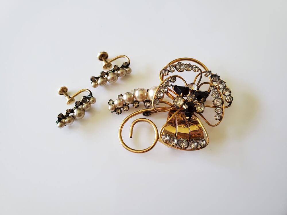 Vintage Gold Fill White Rhinestone Cocktail Set of Earrings and Brooch